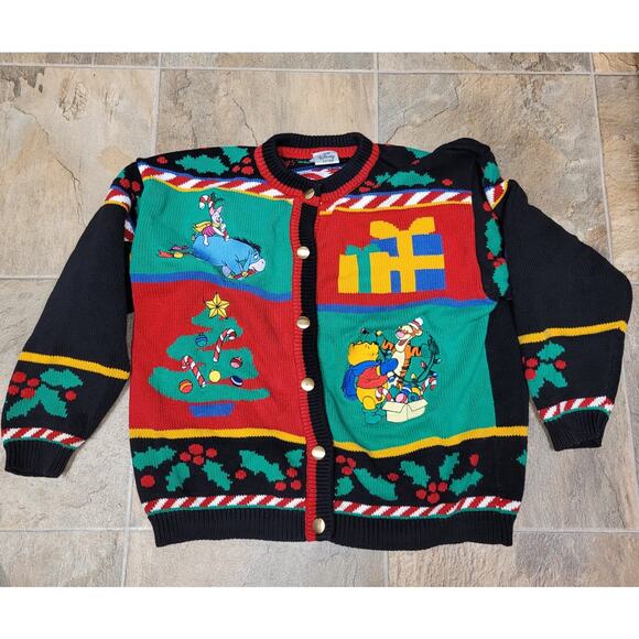 Vintage Disney Sweater Women's Large Winnie The Pooh Christmas Cardigan Button